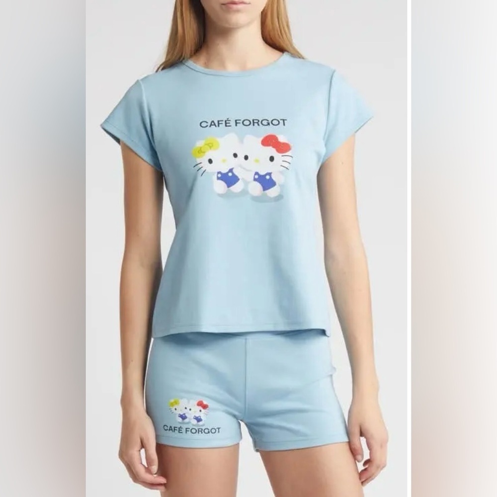 CAFE FORGOT X Sanrio Hello Kitty® Graphic T-Shirt Blue Size XS 50th Anniversary